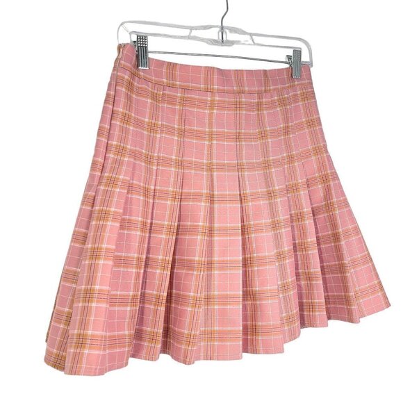 Women's Peach Plaid Pleated Japan School Girl Circle Skater Skirt w/ Shorts - Picture 2 of 6
